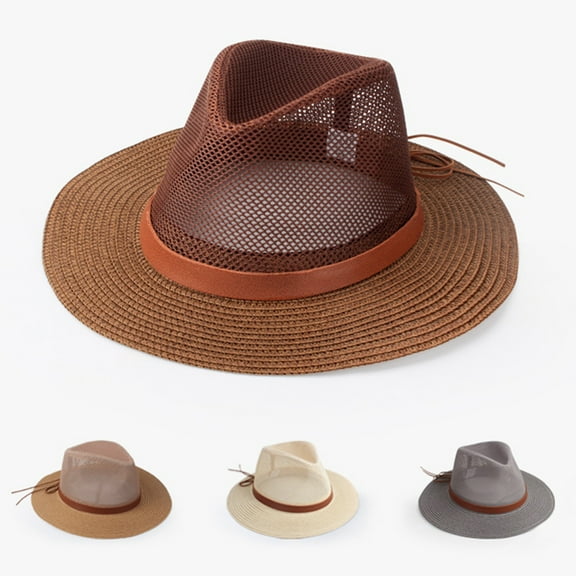 Skymirror Strap Decor Adjustable Drawstring Hollow Out Cowboy Hat Man Breathable Holes Straw Sunshade Hat Adult Headwear
