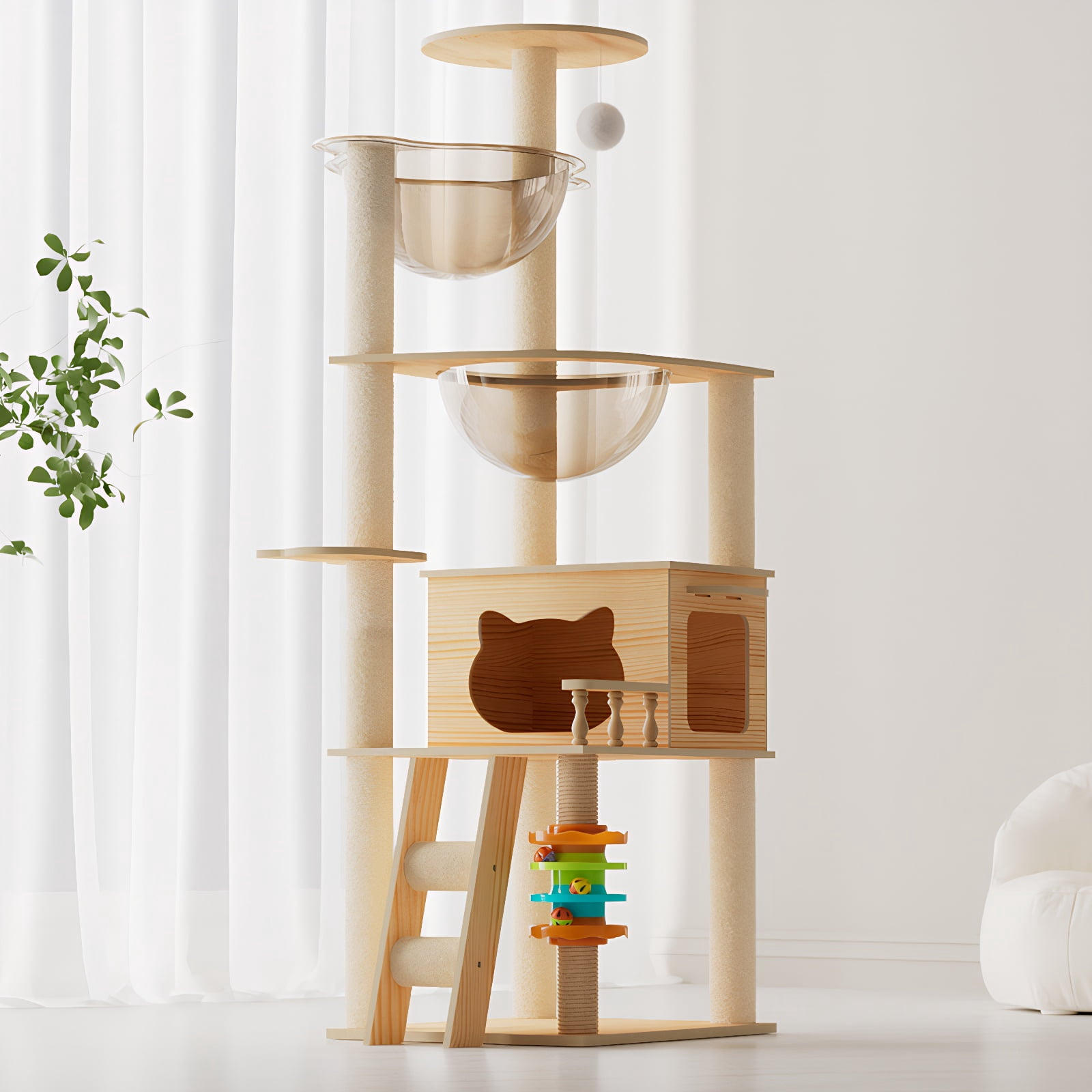 59" Modern Cat Tower, Wood Cat Tree Tower for Indoor Cats, Cat Treewith Sisal-Covered Scratching Posts and Top Perch, Cat Condo with Acrylic Hammock for Small Large Cats&nbsp;
