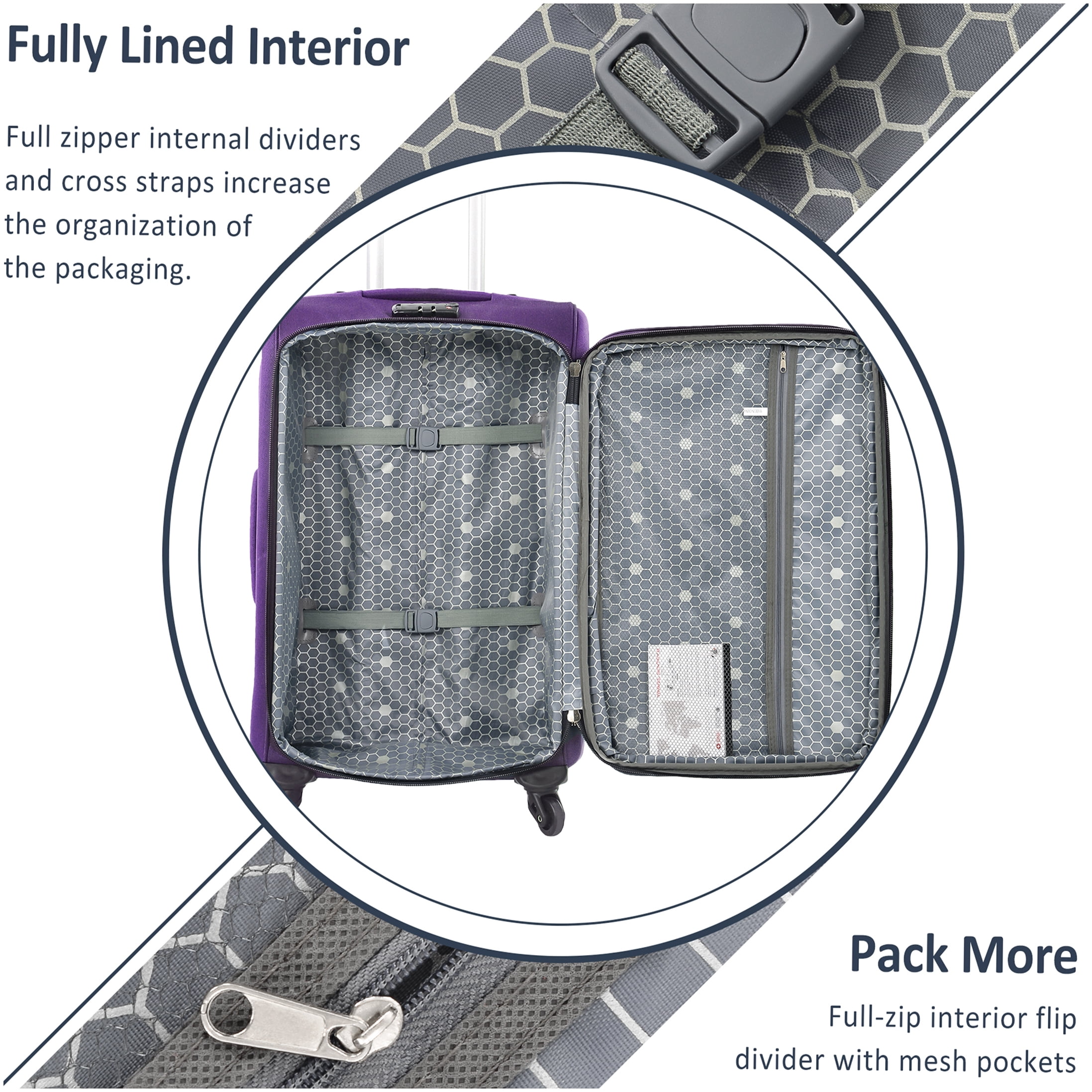 3-Piece Expandable Softside Luggage Set in Purple, Lightweight TSA Lock Spinner Suitcases