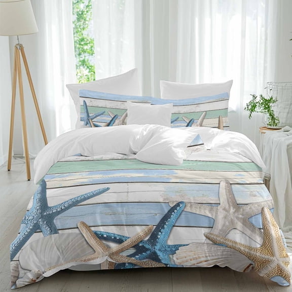Blue White Shell Starfish Queen Size Comforter Set, Blue Green Wood Grain Summer Coastal Bedding for All Seasons, 4 Pcs Bed Set, 1Quiltcover (90"x92") ,1Sheet(94"x116"), 2Pillowcases (30"x20")
