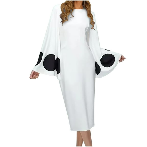 WXLWZYWL Women'S Summer Dresses Wave Point Jag Pagoda Sleeve Zip Round Neck Long Sleeve Round-Neck Dress White