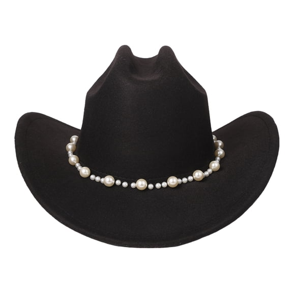 Avaner Women's Wide Brim Faux Pearl Decor Black Cowboy Hat: Western Retro Style Sun Hat for Parties & Daily Wear - Fashion Accessory