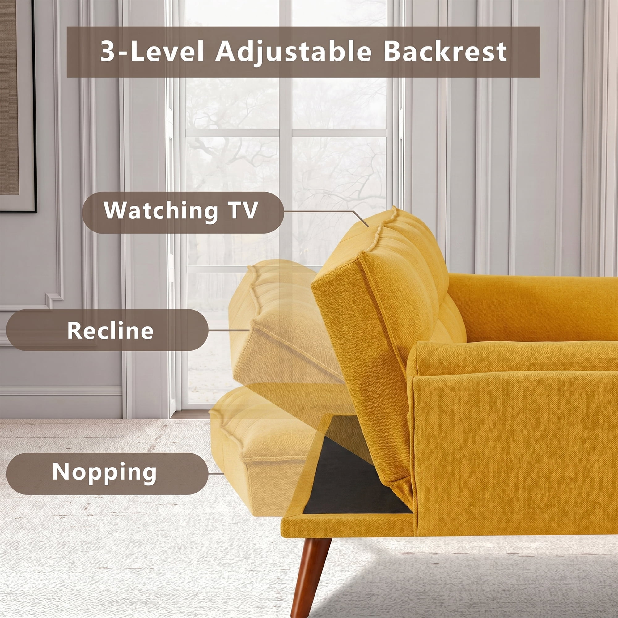Aukfa 75" Pillow Top Arm Futon Convertible Sofa Bed, Tufted Loveseat Sleeper Couch for Home Office, Linen, Yellow