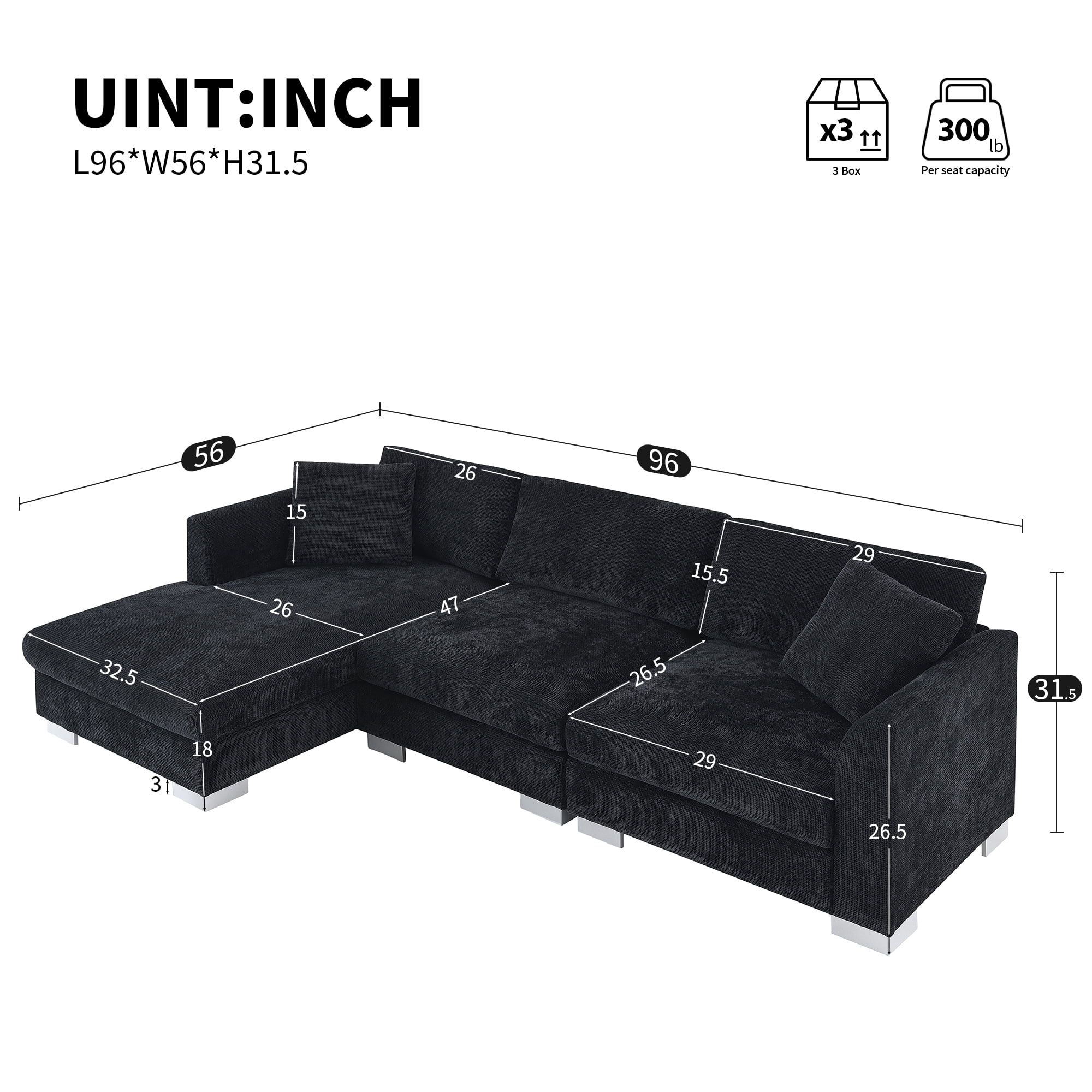 MAYEERTY 96x56" Modern Cloud Sectional Sofa - L-Shaped 4-Seat Chenille Couch with 2 Free Pillows/Oversized Chaise for Living Room/Apartment/Office, 3 Colors