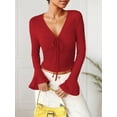 thumbnail image 2 of Weardear Women's V Neck Ruched Self-Tie T-Shirt Slim Fit Flare Long Sleeve Basic Tops, 2 of 5