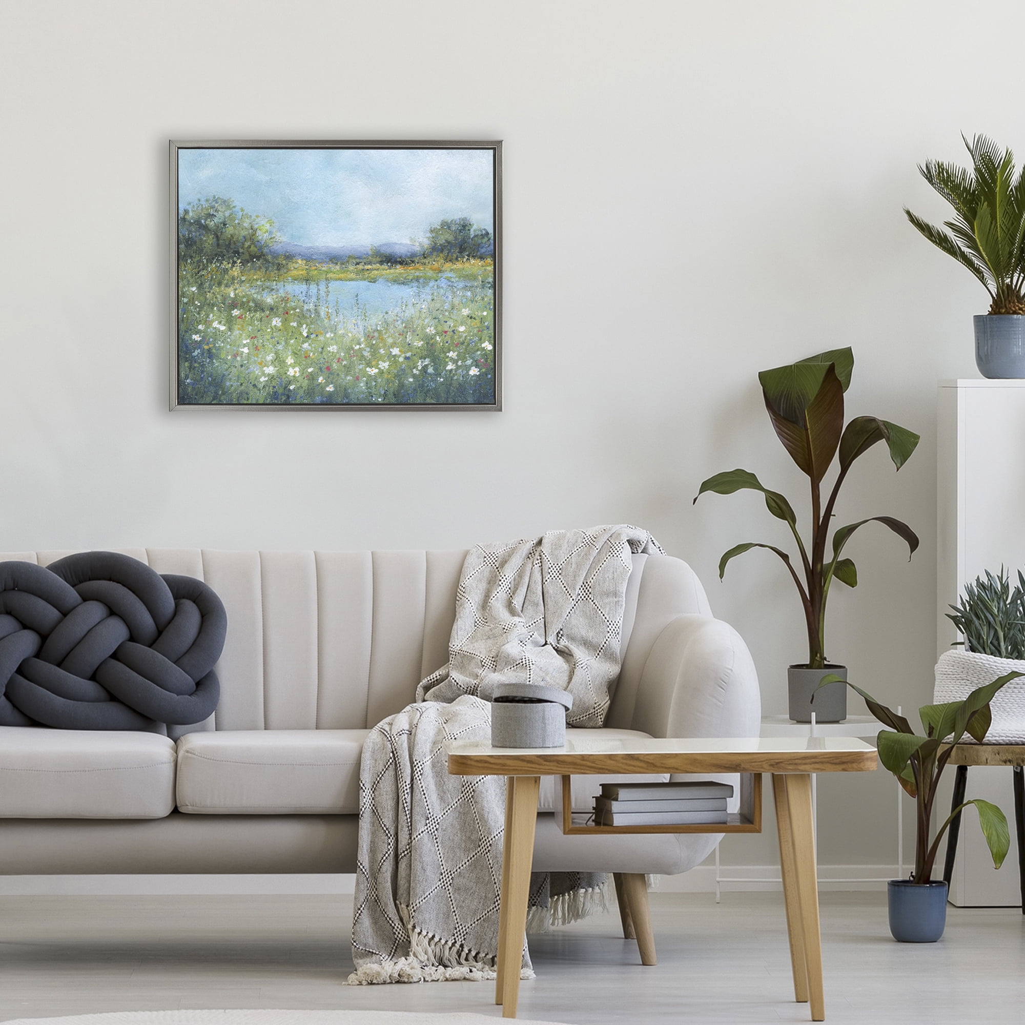 Stupell Industries Impressionist Meadow Surrounding Pond Gray Framed Floater Canvas Wall Art, design by Carol Robinson