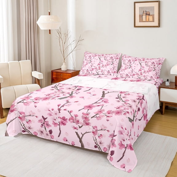 Homewish Boys Girls Flower Cherry Blossoms Twin Sheet Sets 3pcs,Pink Floral Sakura Twin Fitted Sheet Microfiber,Japanese Style Breathable Flat Sheet,Breathable Home Decor