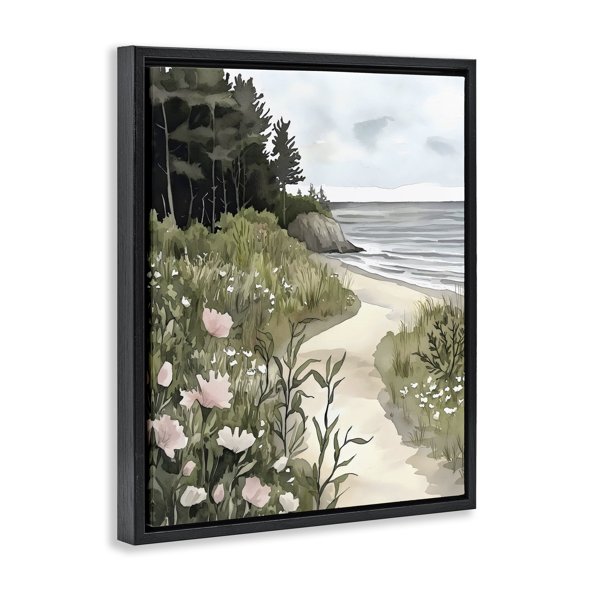 Stupell Industries Coastal Calm Floral Pathway Black Framed Floater Canvas Wall Art, design by Riley B