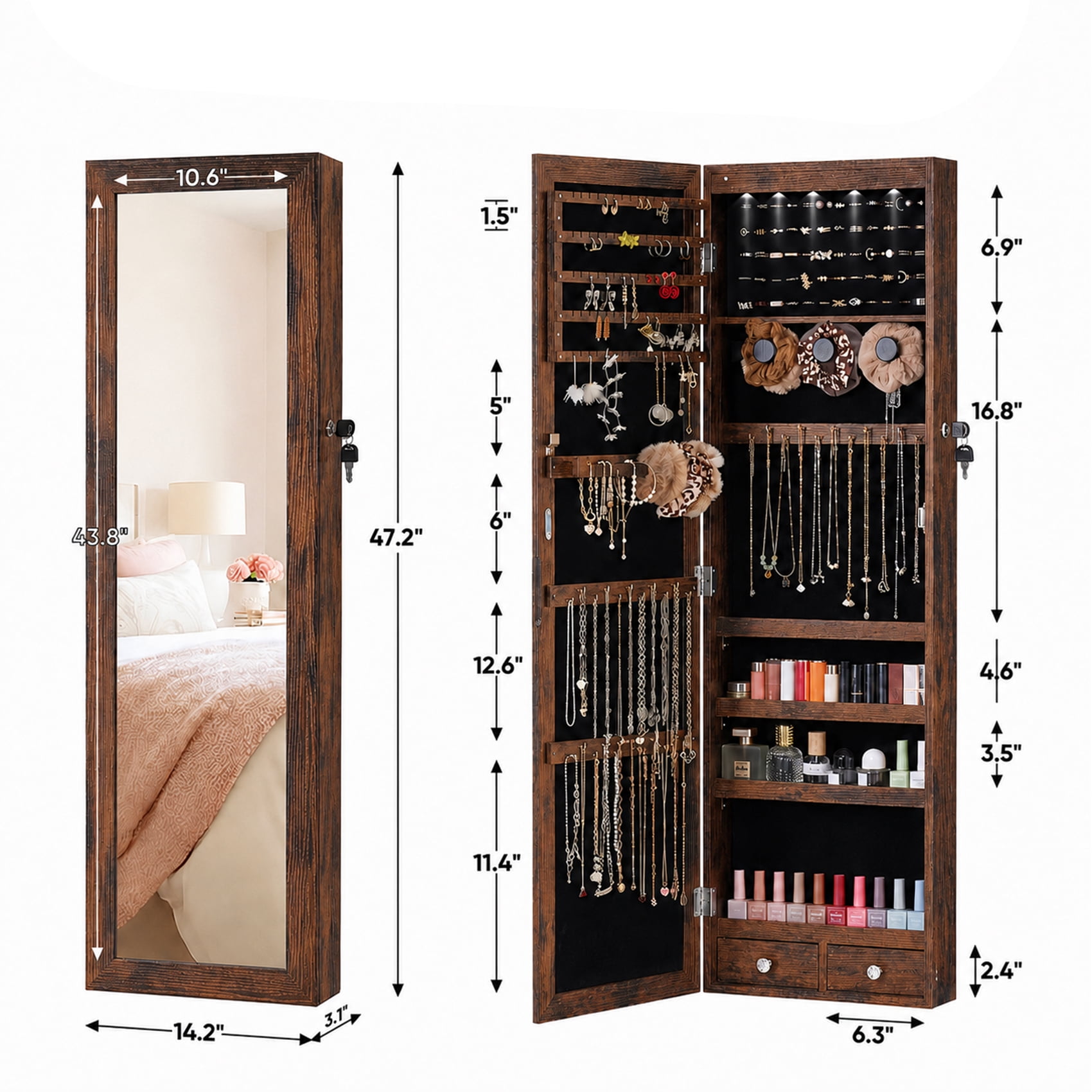 Alvantor Jewelry Organizers and Storage, 47.2-Inch Tall Lockable Wall or Door Mounted Jewelry Armoire Organizer with Mirror, 2 Drawers, 6 LEDs Mirror Jewelry Cabinet