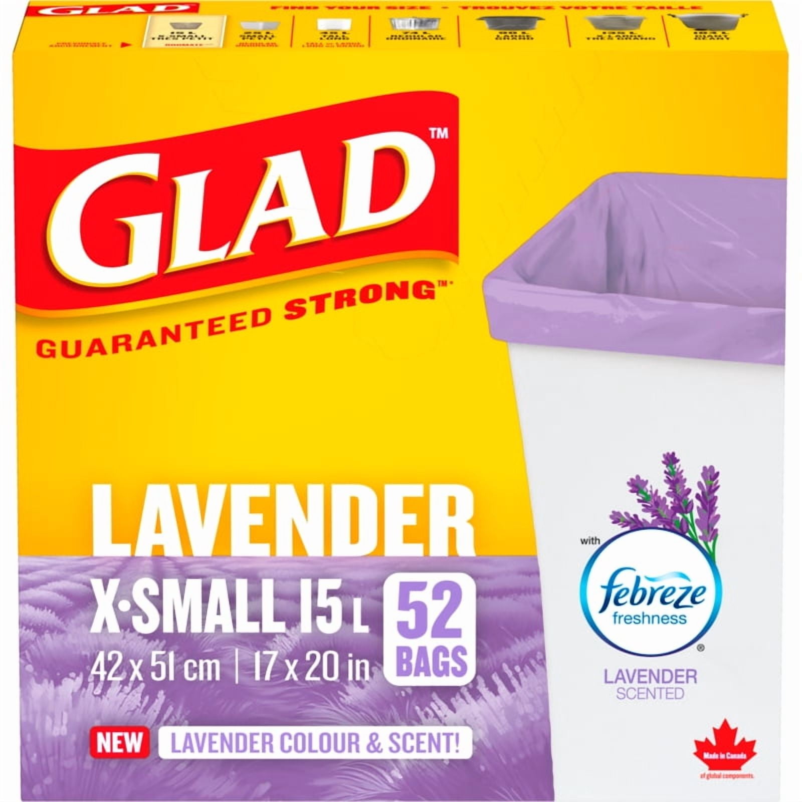 Glad Lavender Colour and Scented Garbage Bags - X-Small 15 Litres - Febreze Freshness, 52 Trash Bags