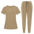 thumbnail image 3 of FRSASU Women's Solid Color Nurse Uniform Short Sleeve V Neck Button Top Side Slit Pockets Drawstring Jogger Pants Scrubs Set Khaki M(M), 3 of 9