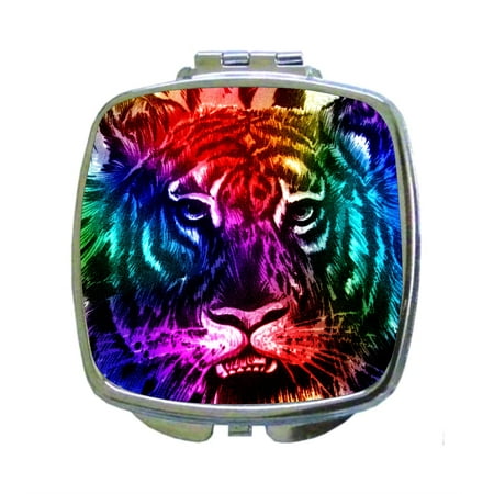 - Rainbow Colored Tiger Face Up Close Wildlife Animal Print Design - Compact Beauty Mirror - Square Shaped