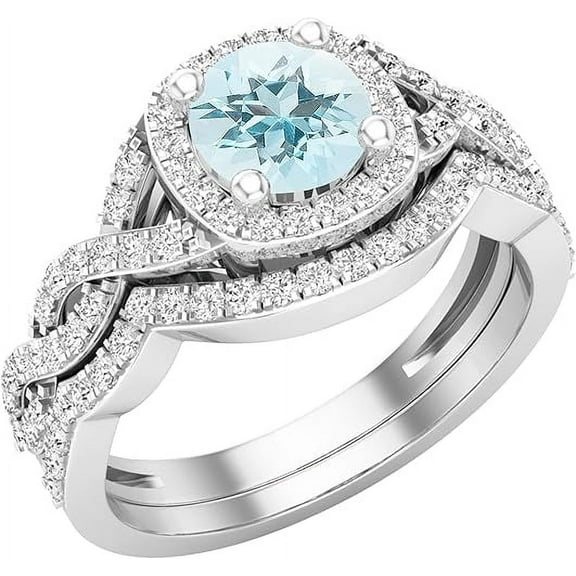 Divine Creation 14K White Gold Plated 925 Sterling Silver 2.50 Ct Round Cut Aquamarine Engagement Wedding Christmas Thanksgiving Bridal Ring Set For Women's -6