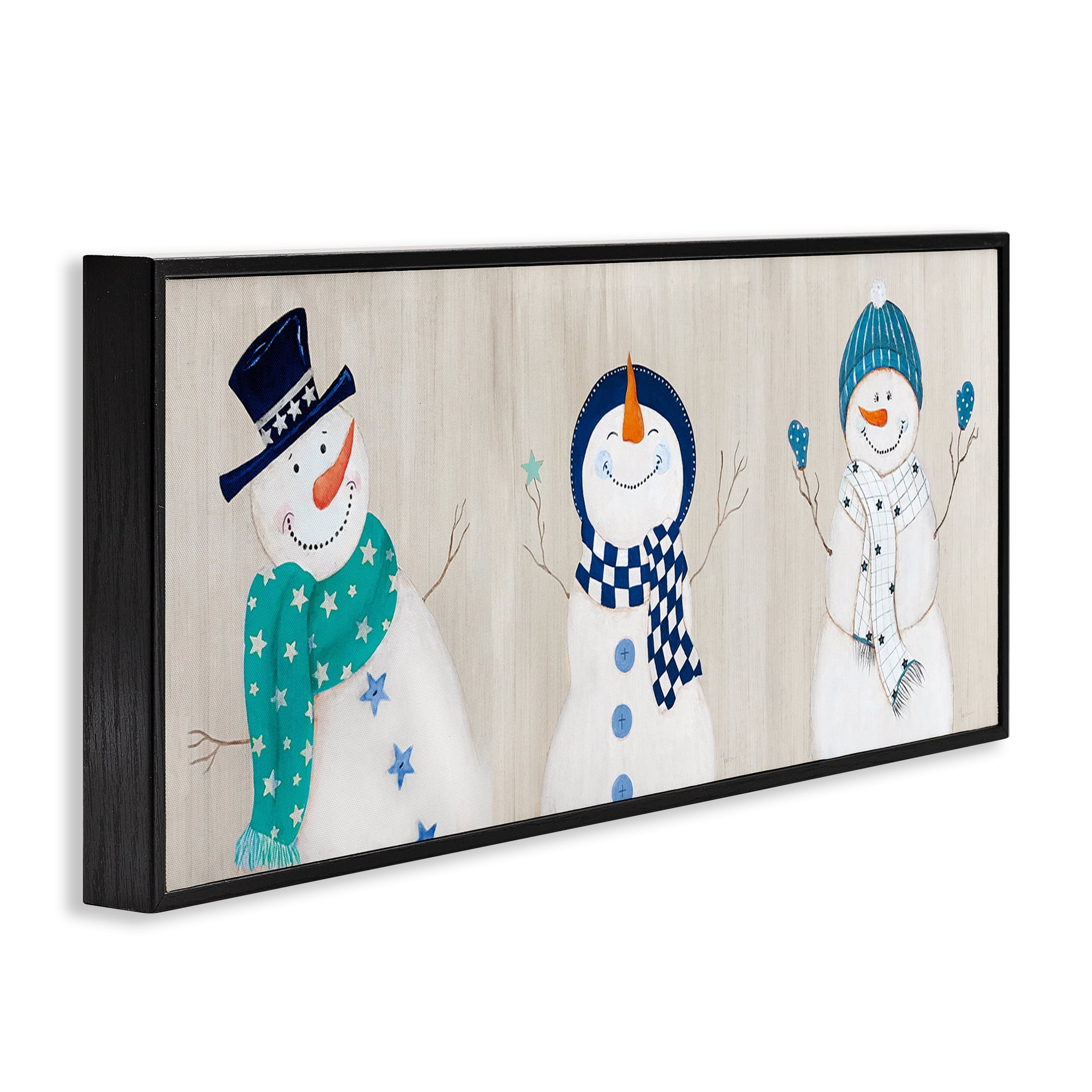Stupell Industries Happy Snowman Trio Holiday Painting Black Framed Art Prints Wall Art, 24 x 10