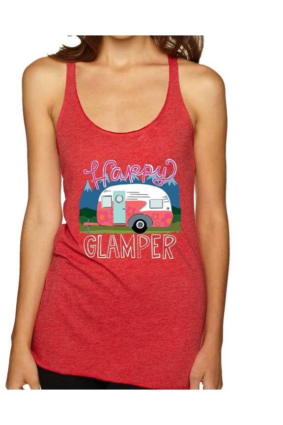 Happy Glamper | Fancy Camping Camper Van Caravan | Nature Lover Tri-Blend Racerback Sleeveless Top, Vintage Red, M