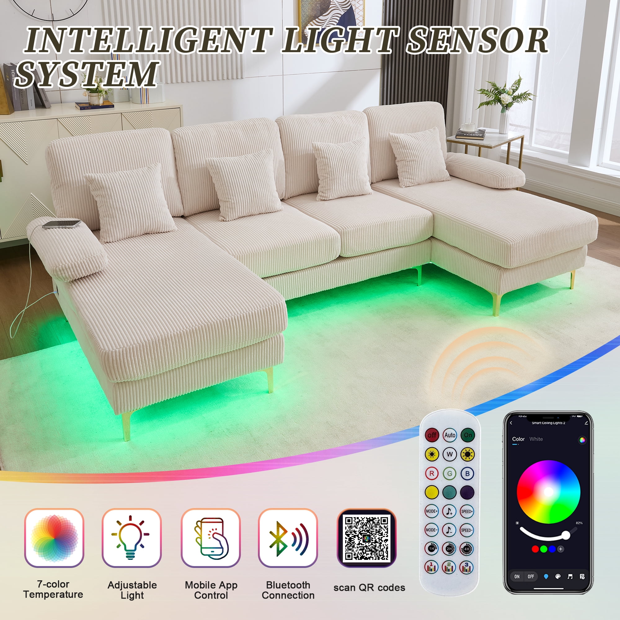 Homefun U-Shaped Corduroy Sectional Sofa 4-Seat with 2 Chaise Large Couches with USB Intelligent Lighting
