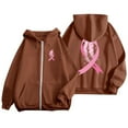 thumbnail image 2 of Fiaer Womens Hoodies Cancer Awareness Ribbon Feather Print Full Zip up Drawstring Hooded Sweatshirts Long Sleeve Loose Trendy Jackets with Pocket Brown20 M, 2 of 5