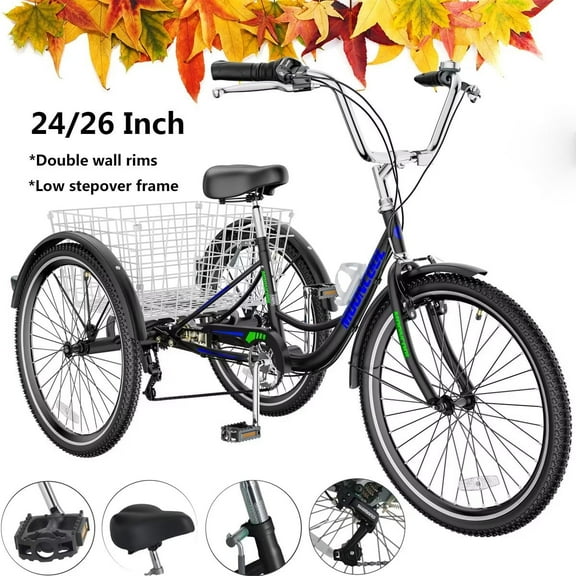 Lilypelle 24"/26" Adult Tricycle 3 Wheel Trike Low Stand-over Frame Bike with Shimano Derailleur,Large Rear Basket,Double Wall Rims