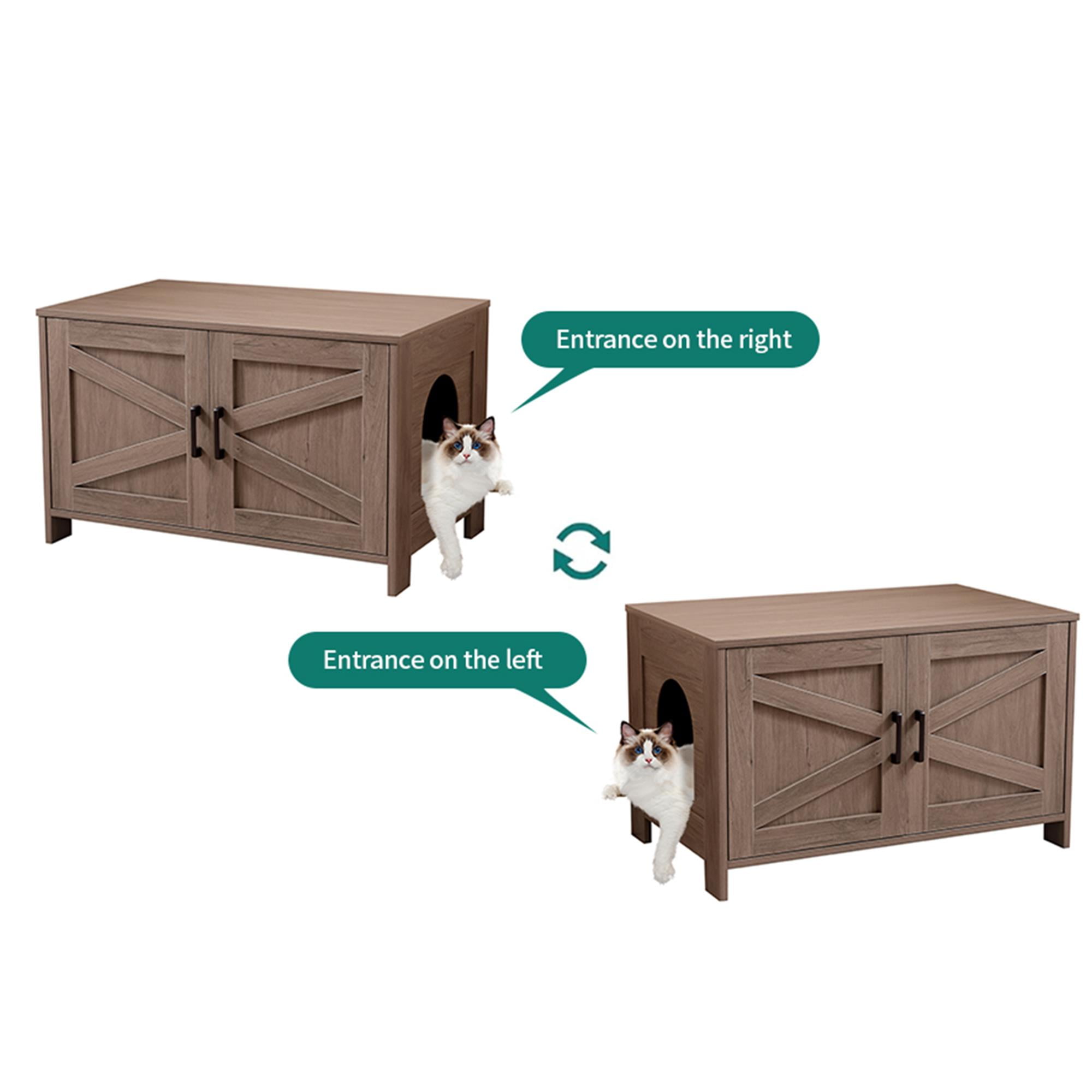 Kadyn 31" Hidden Cat Litter Box Enclosure Furniture with Barn Door, Indoor Cat Washroom, Wooden Enclused Litter Box Cat House, Brown