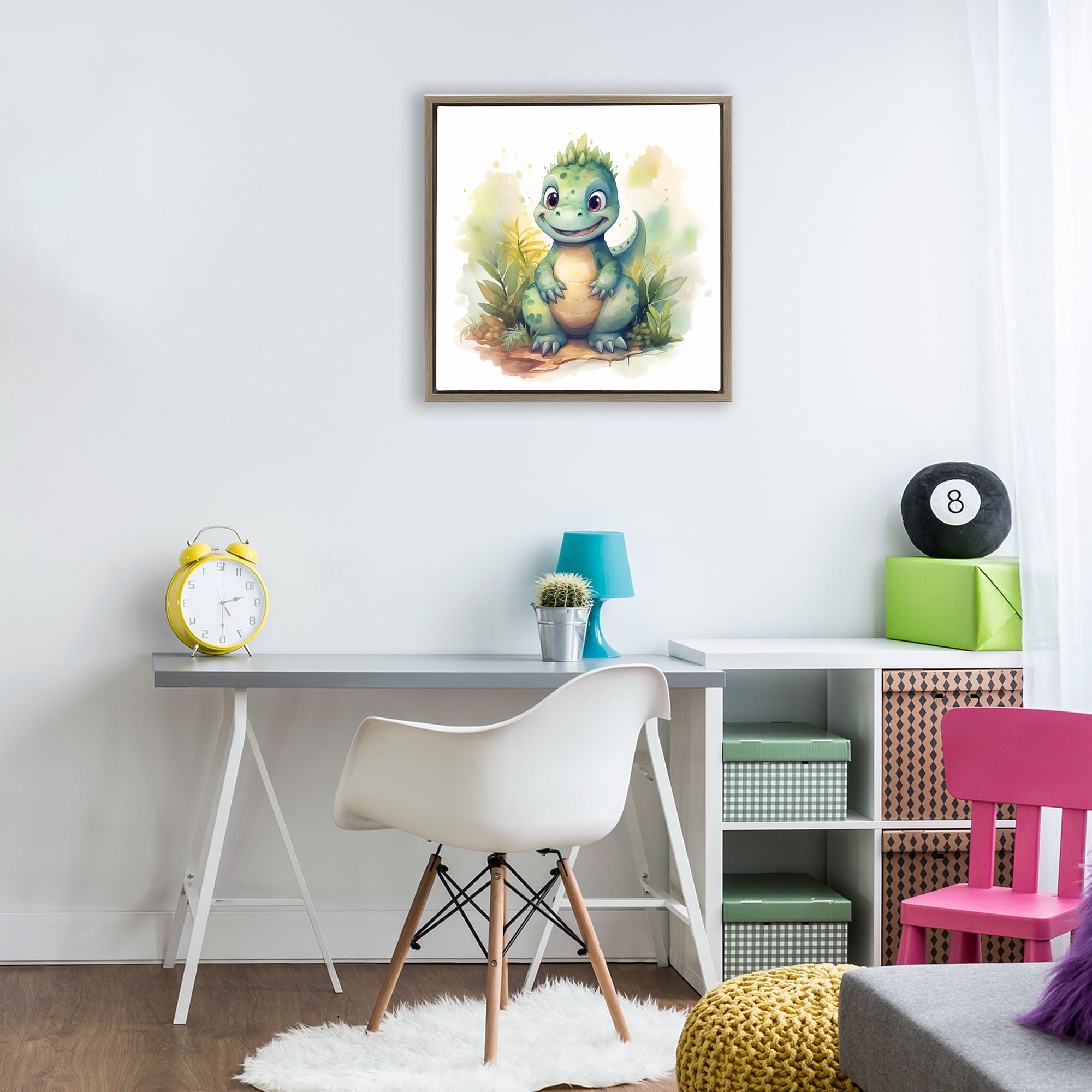 Stupell Industries Crafty Smiling Dinosaur Brown Framed Floater Canvas Wall Art, design by Steve Hunziker