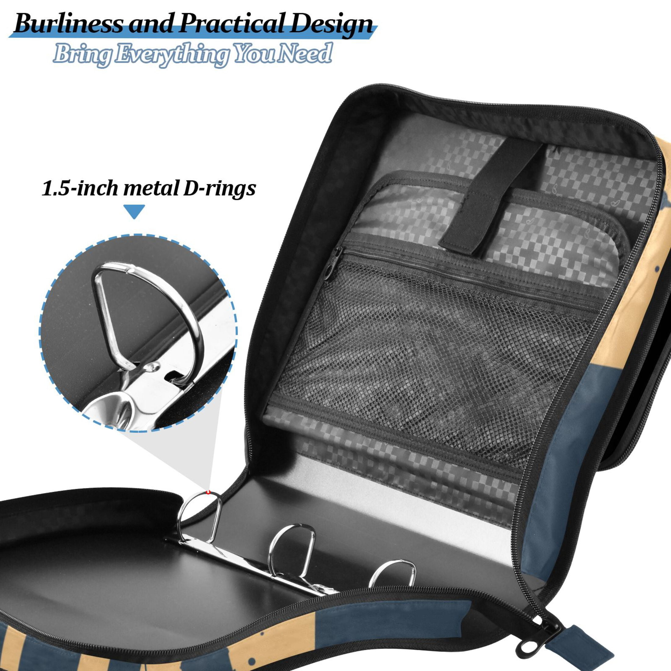 3 Ring Zipper Binder with Shoulder Strap Waterproof Trapper Keeper 2 Inch D-Ring 500 Sheets Capacity City Seagulls Moon Wave