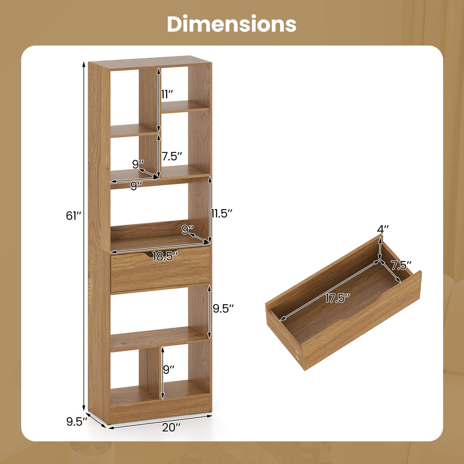 Costway 1 PCS 61” Bookcase with Drawer, 8 Open Cubes, Anti-toppling Kits for Living Room, Study Natural