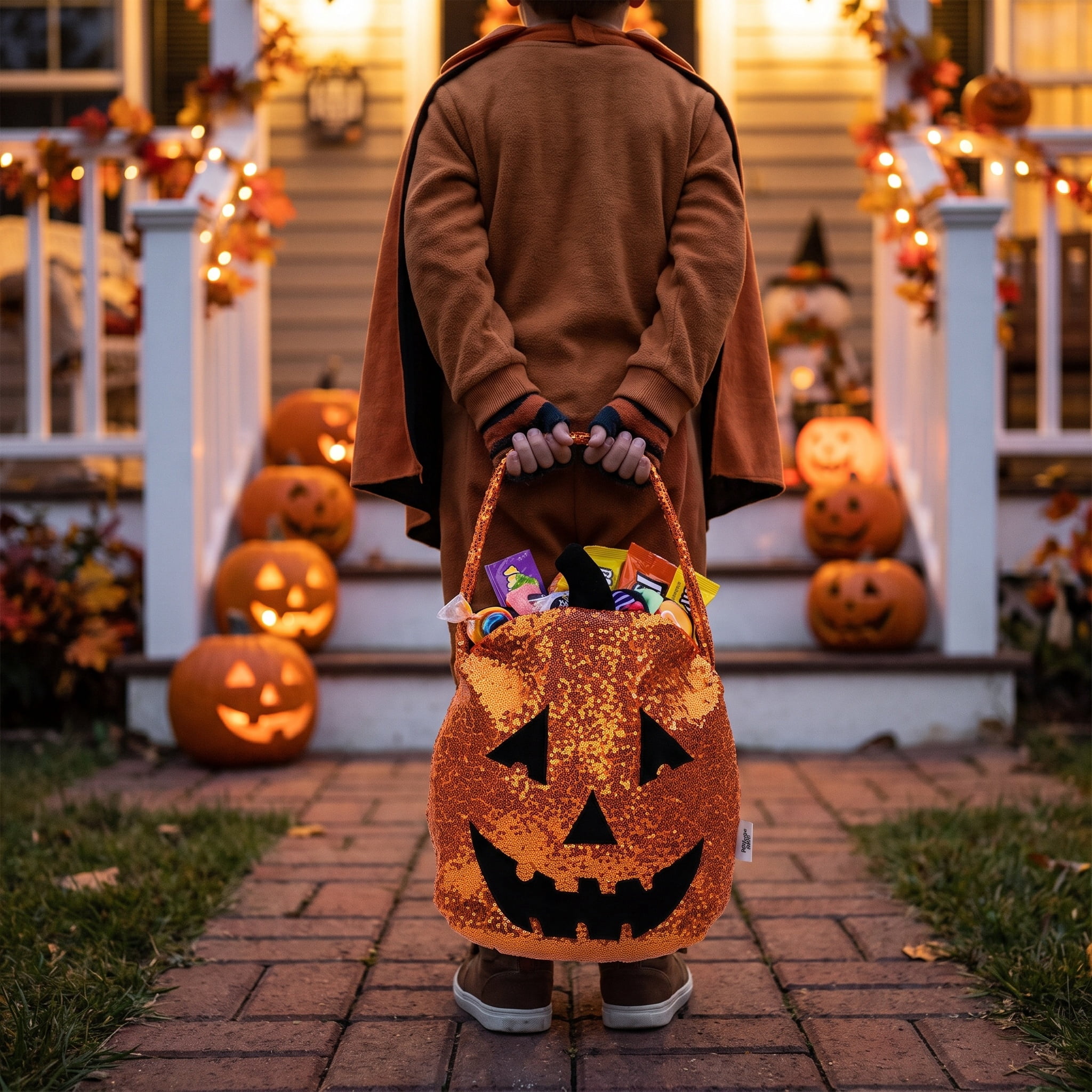 Sequin Pumpkin Trick-or-Treat Bag, Orange, 16.5", Halloween by Way To Celebrate