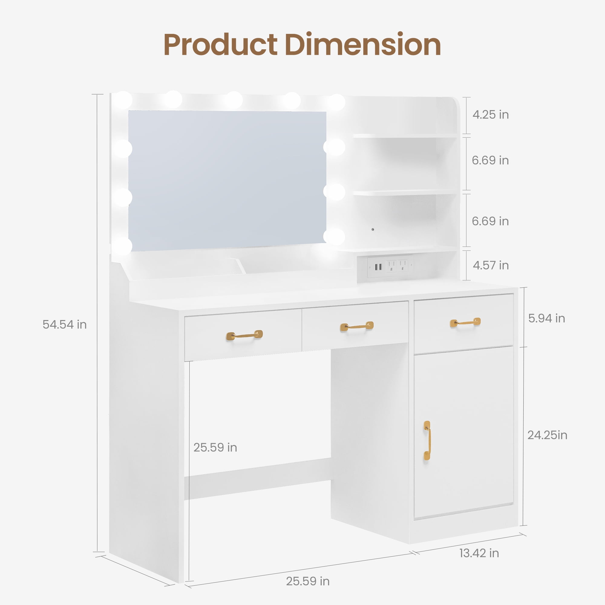 Vanity Desk with Lighted Mirror & Power Outlet, Modern Makeup Vanity Table with Drawers, Cabinets & Stool for Bedroom