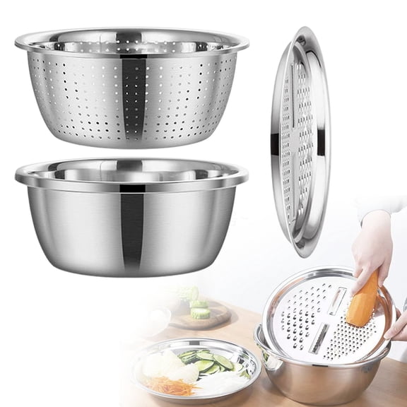 Multifunctional Stainless Steel Basin, 5-in-1 Stainless Steel Basin with Colander & Grater, Drainage Shredding Mixing Bowl for Kitchen Meal Prep & Small Spaces