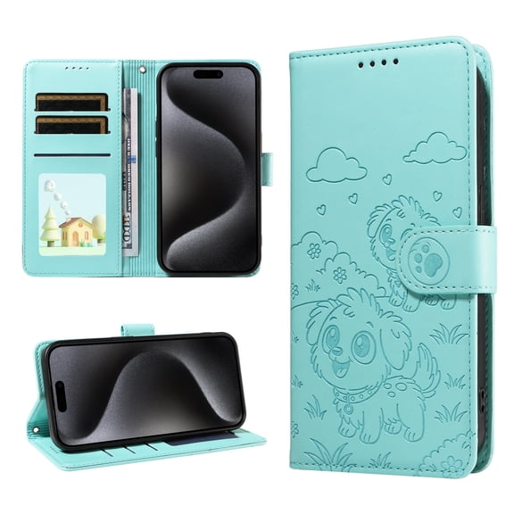 ELEHOLD Case for iPhone 17 Pro Max, Cute Dog Print RFID Blocking Leather Wallet Case with Lanyard, Stand Feature,Green