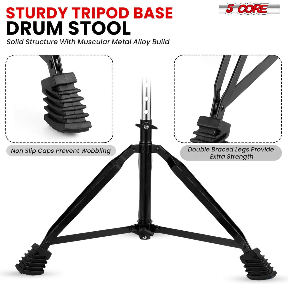 Adjustable Padded Drum Throne & Guitar Stool - Anti-Slip Rubber Feet, Universal Music Chair for Adults & Kids - Black