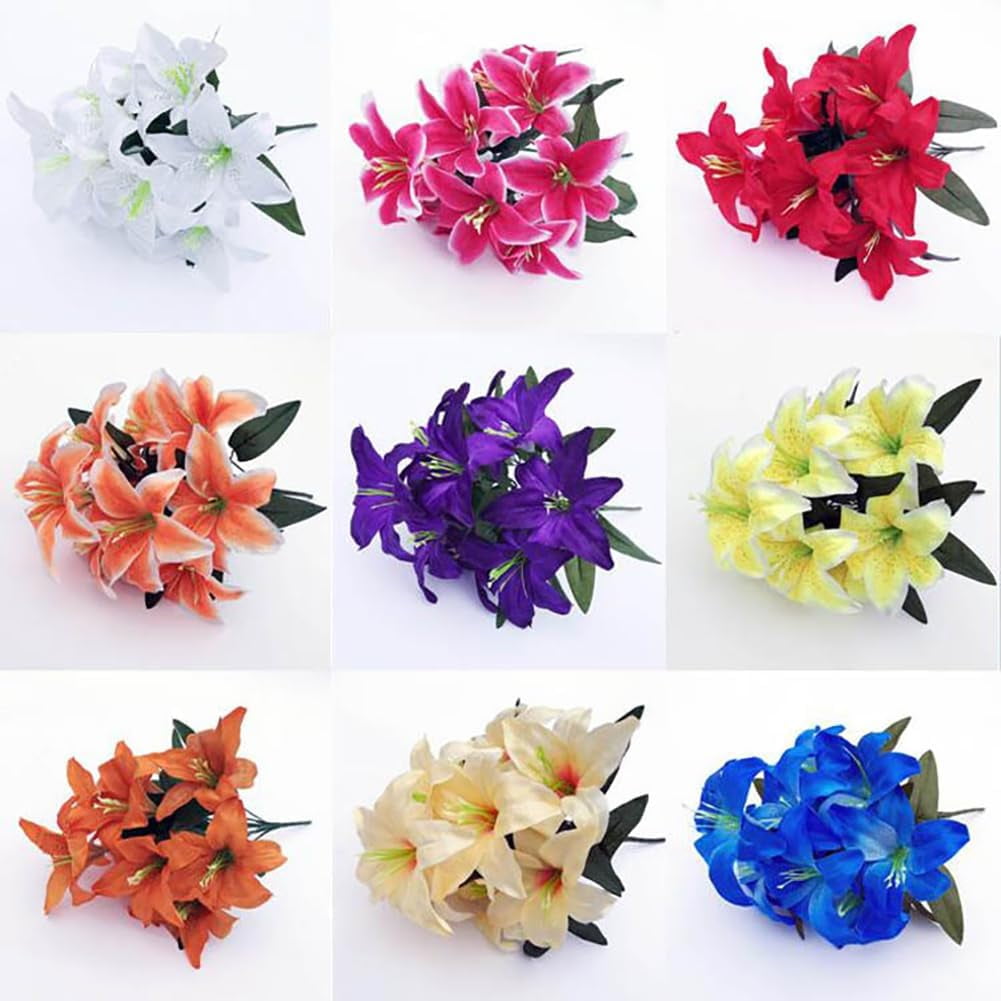2pcs Lily Bouquet Flowers 10 Heads Real Touch Faux Lilies Flowers Dark Orange Tiger Lily Artificial Flower with Long Stem for Bridal, Wedding, Table Centerpiece, Flower Arrangement