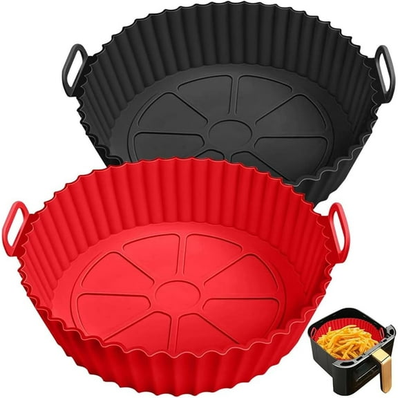 Silicone Air Fryer Liner 2 Pack, 9 inch Non-Stick Reusable Air Fryer Liners for 5 to 6 7 8 QT Square and Round Basket, Airfryer Silicone Pot Baking Tray Oven Microwave Accessories, Red Black