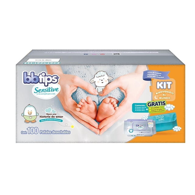 Pañal Desechable Bbtips Talla RN 20 pzs, Talla 1 40pzs, Talla 2 40 pzs + 1 Paquete de toallitas + 1 Cambiador de bebé