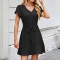 thumbnail image 7 of Women's Short Dress Summer Short Sleeves Adjustable Waist Belt Casual V-Neck Button Plain Sundress Black S-2XL, 7 of 7