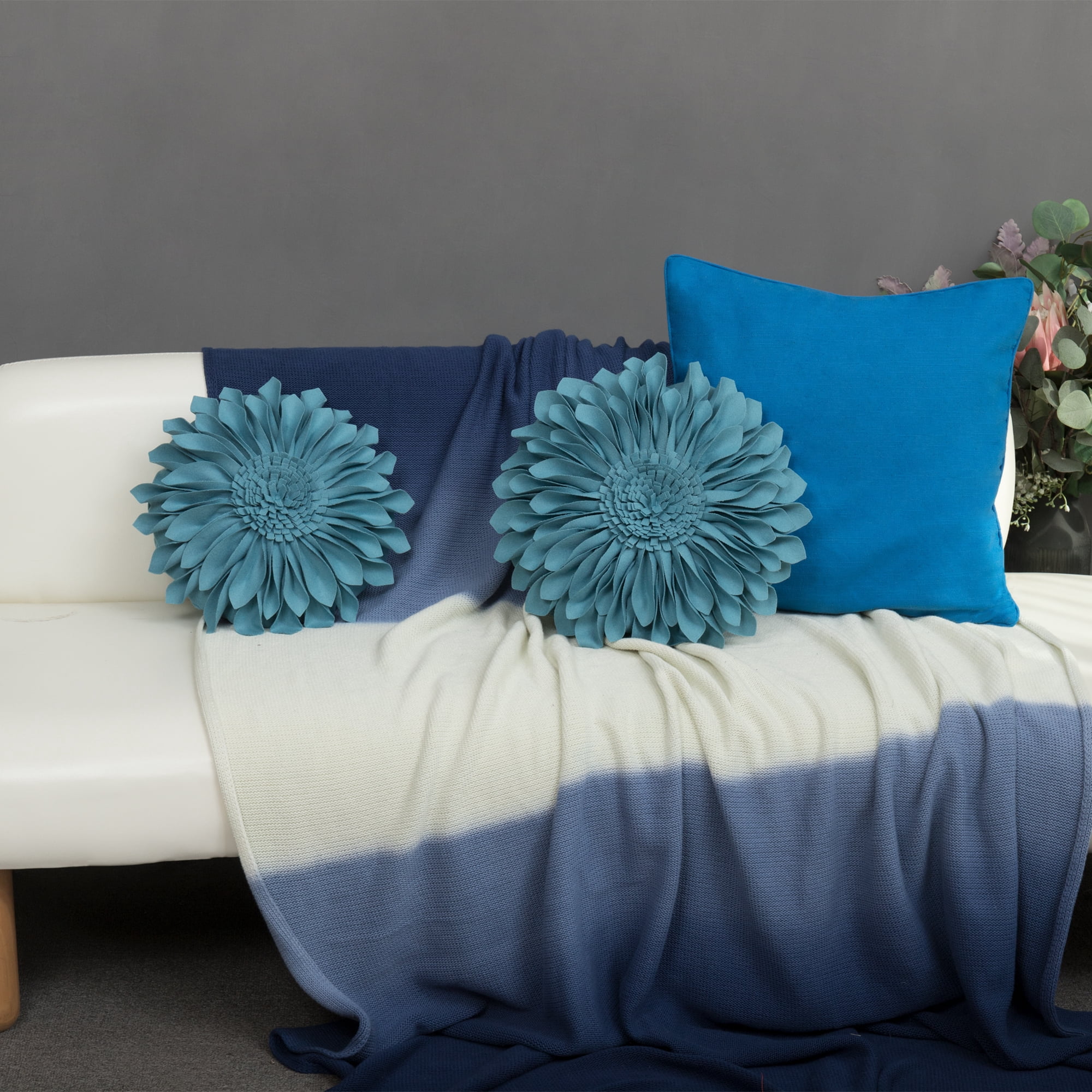 JWH 3D Handmade Round Decorative Wool Flower Pillow for Bedroom Couch Bed Decor 14inch Aqua