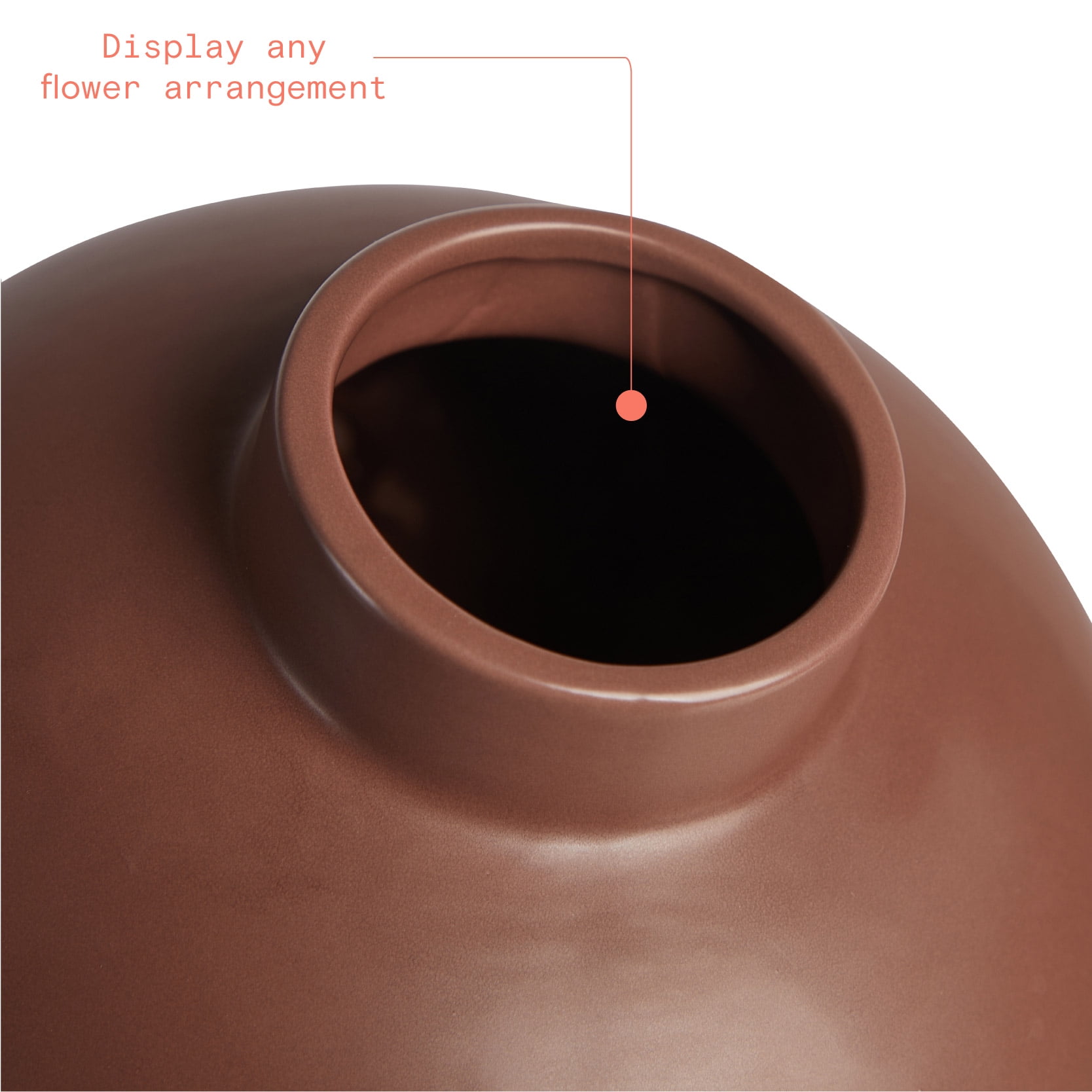 Beautiful Solid Cognac Brown Round Ceramic Vase by Drew Barrymore, 7.5" x 7.5" x 7.5"