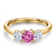 thumbnail image 3 of Gem Stone King 18K Yellow Gold Plated Silver Pink Created Sapphire and White Zirconia Engagement Ring for Women | 1.05 Cttw | Round 5MM | Gemstone September Birthstone | Size 6, 3 of 6