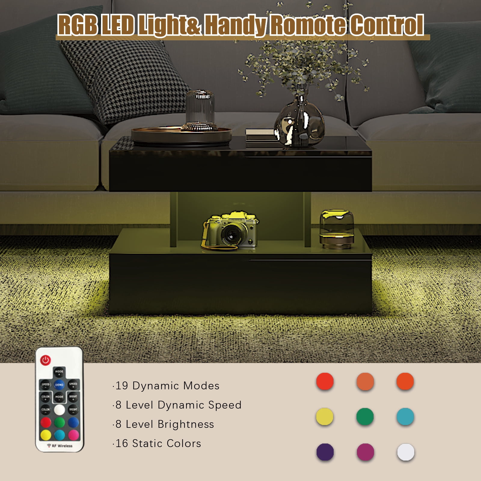 Hironpal Small Black Coffee Table with Light,24" LED Center Table in Living Room,Modern Coffee Table with Storage,Black