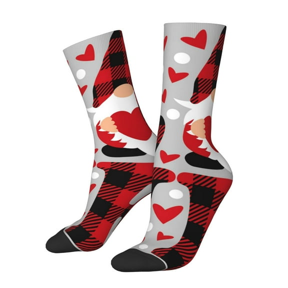 Honeii Buffalo Plaid Love And Gnome Print Adult Socks,Crew Socks,Casual Calf Socks,Daily Wear Socks for Men & Women, Perfect for Sports, Casual and Everyday Use