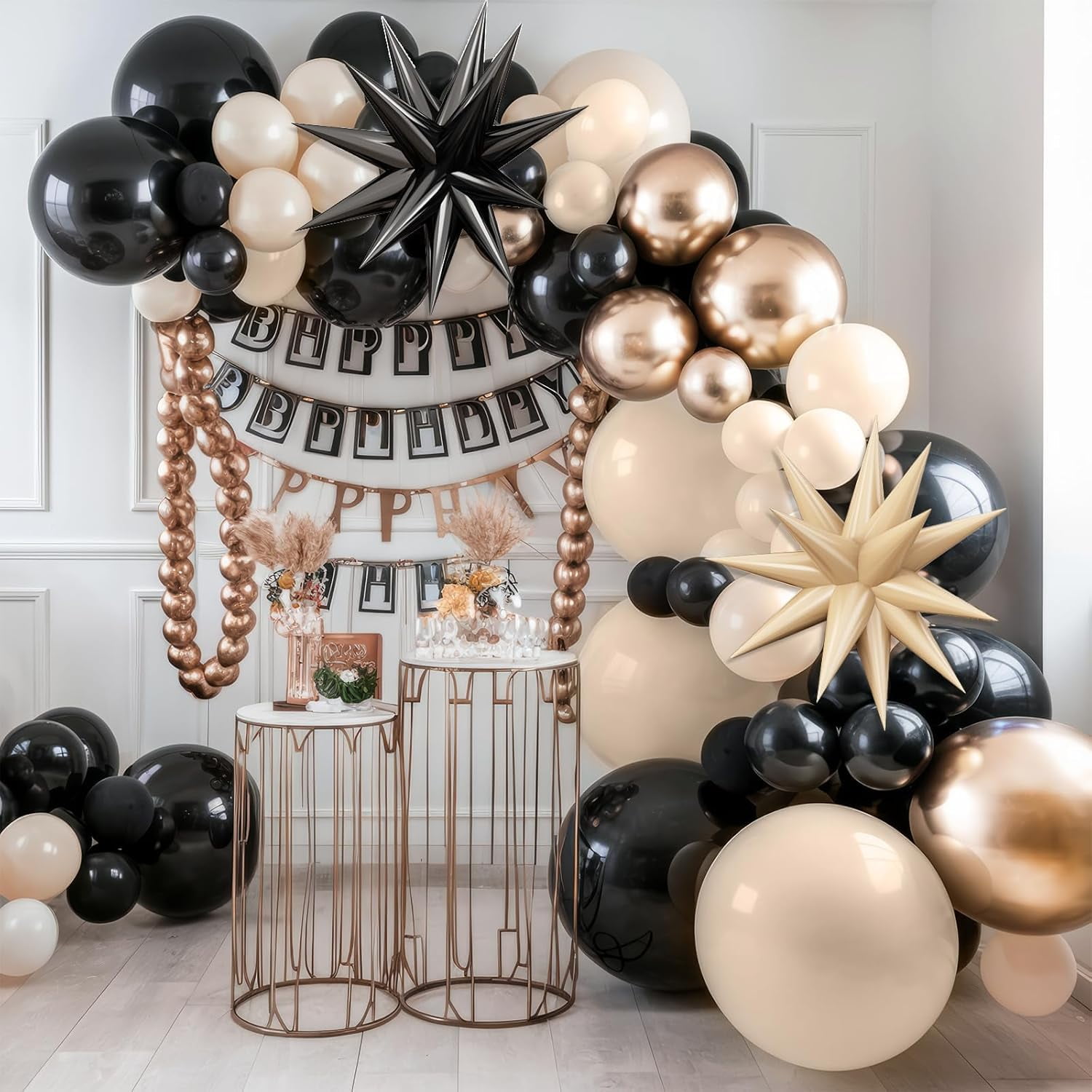 Black Gold Balloon Arch Kit,Sand White Balloon Garland with Star Foil Balloons Metallic Champagne Gold Balloons for Birthday Baby Showers  Wedding Party Decorations