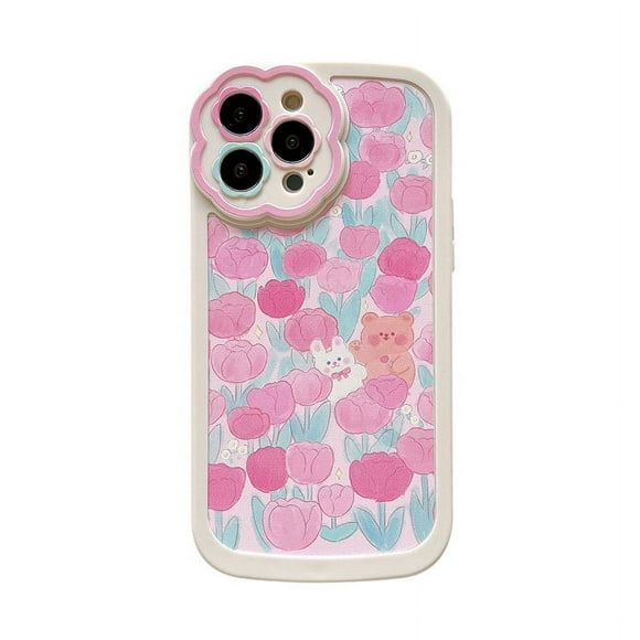ZOUSSIQI Phone Case Wearable Scratch Proof Protective Cute TPU Cellphone Shell with Lanyard Hole for IPhone White Background Pink Flower Bush Bear Rabbit for Iphone 12 EL225#69988