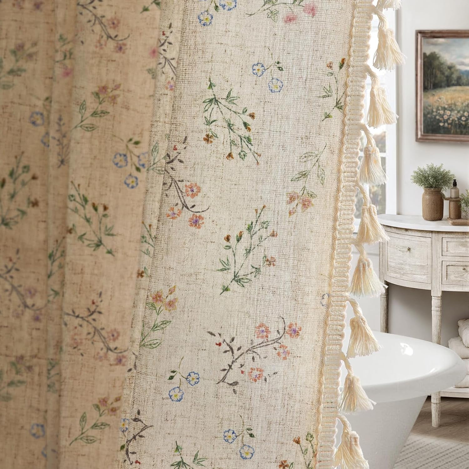 Psoiuetr Floral Farmhouse Vintage Linen Shower Curtain, French Country Shower Curtains for Bathroom with Tassels, 72Wx72H