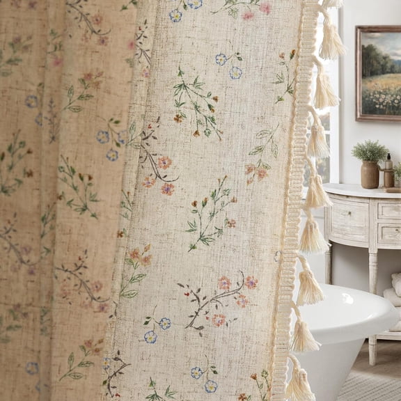 Floral Vintage Linen Shower Curtain with Tassels 72 W x 90 L