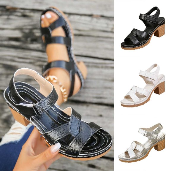 Miluxas Womens Classic Strap Block Heel Sandals, Adjustable Ankle Buckle Open Toe Mid Heels, Lightweight Platform Sandals White 9.5(43)