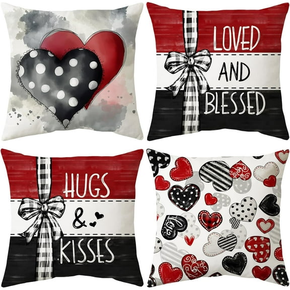 Valentine''s Day Pillow Covers 18x18 Set of 4 Hugs and Kisses Valentines Day Decor Throw Pillows Decorative Cushion Cases for Sofa Couch Valentine Decorations