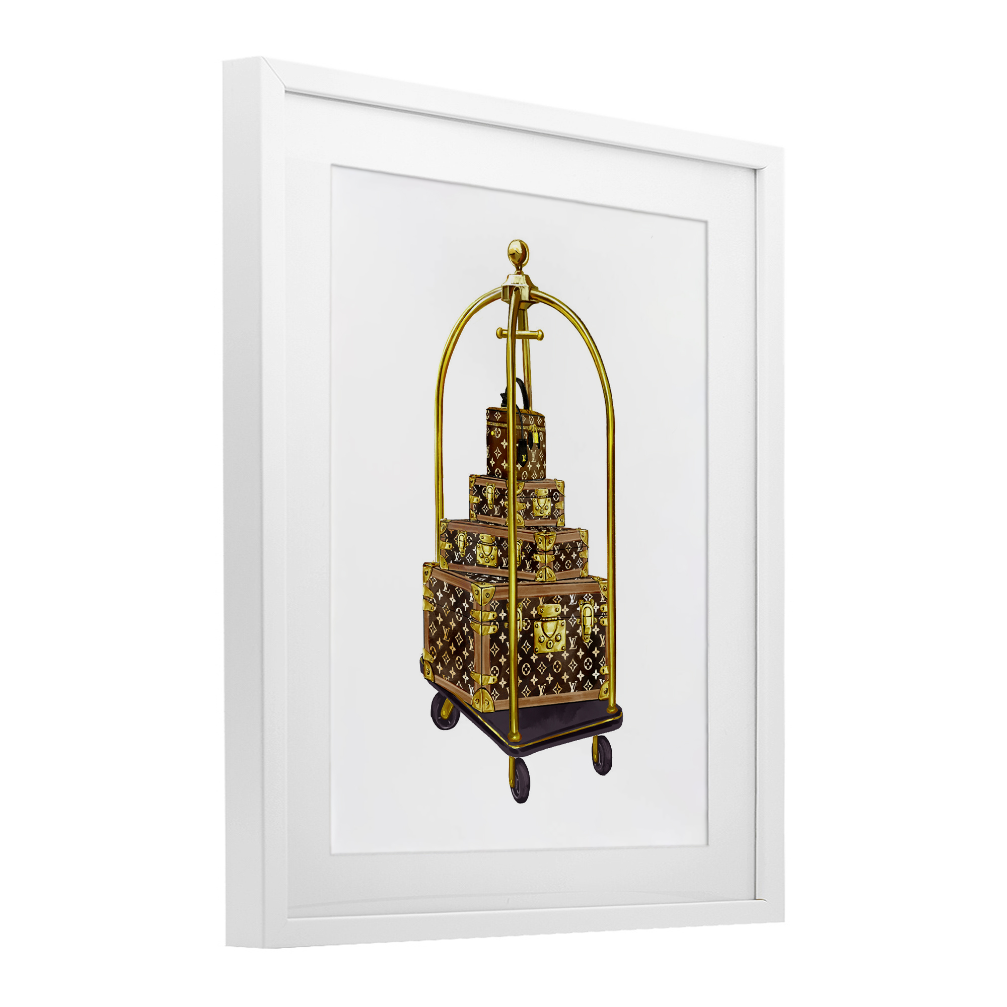 Glam Hotel Luggage White Framed Print Under Glass, design by Ziwei Li