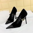 thumbnail image 3 of Zapatos de tacón alto para banquetes de mujer con superficie de gamuza fina, tacones medios, boca baja, empalme, punta puntiaguda, bombas rectas para bodas, 3 of 5
