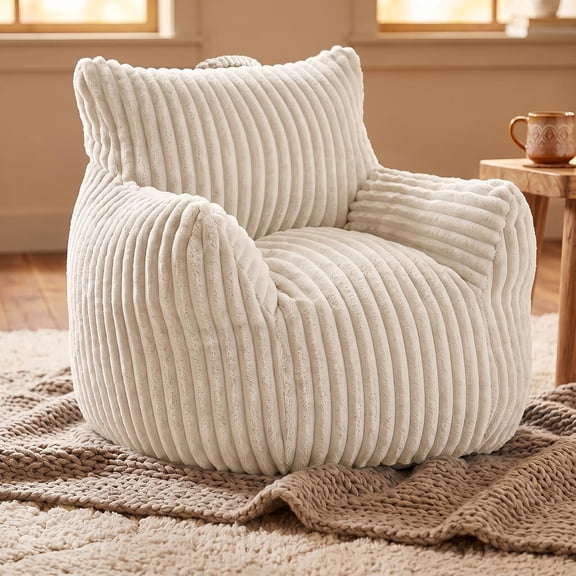 Bean Bag Chair — Plush Faux Fur Memory Foam, Ultra Soft Floor Lounger for Bedroom, Dorm, Playroom & Small Spaces (Small Stripe Grey)
