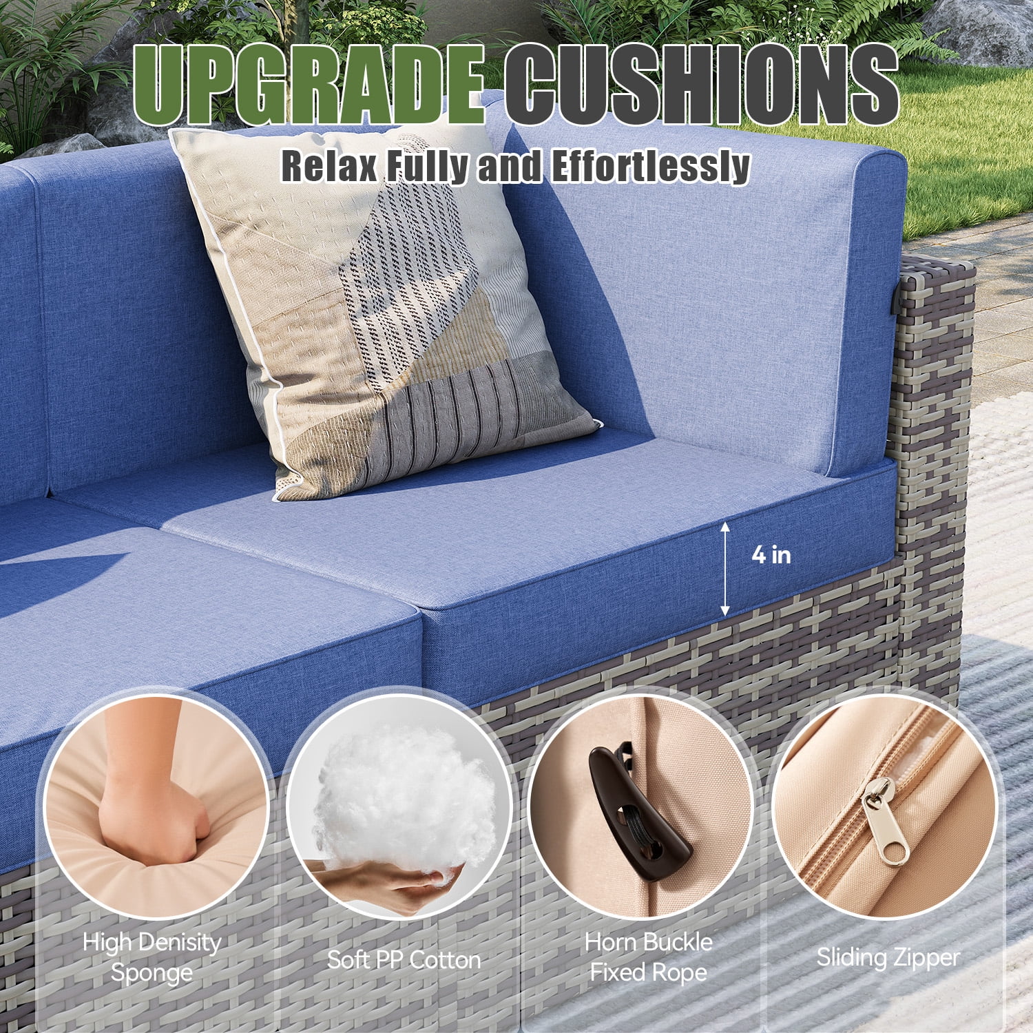 BaPiPro 7‑Piece Modular Outdoor Patio Furniture Set, Gray Wicker Sectional Sofa with Thickened Navy Blue Cushions & Coffee Table, All‑Weather for Backyard, Porch, Deck & Balcony